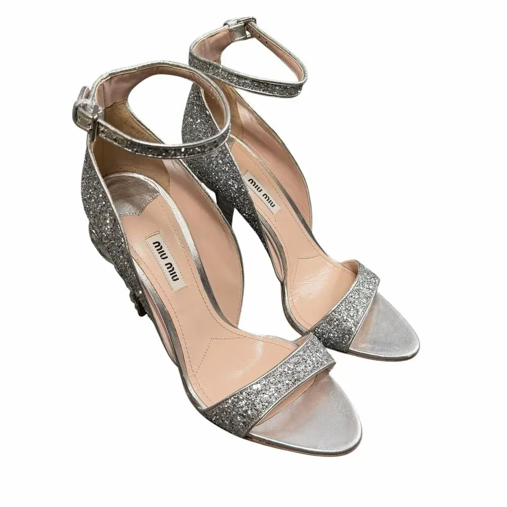Miu Miu Swarovski Crystal Embellished Glitter Leather Sandals Size 39.5 / US 9.5 - Picture 4 of 15